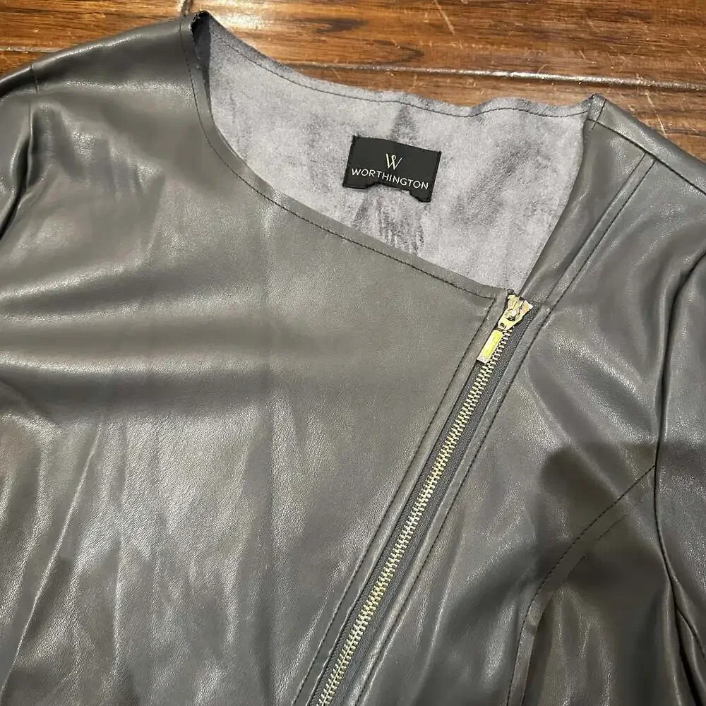 Worthington Womens Jacket Gray‎ Medium M Faux Leather Asymmetrical Full Zip